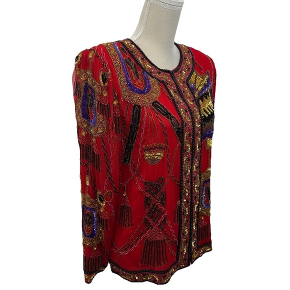 Vtg Laurence Kazar Beaded Silk Jacket Women’s Medium Red Holiday Party NWT - Picture 2 of 8